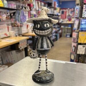 Striped Cat Figurine with Hat and Pumpkin